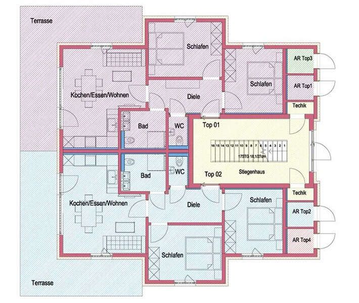 Floor plans of apartments on the ground floor Alpenchalets Oberlaiming Tyrol